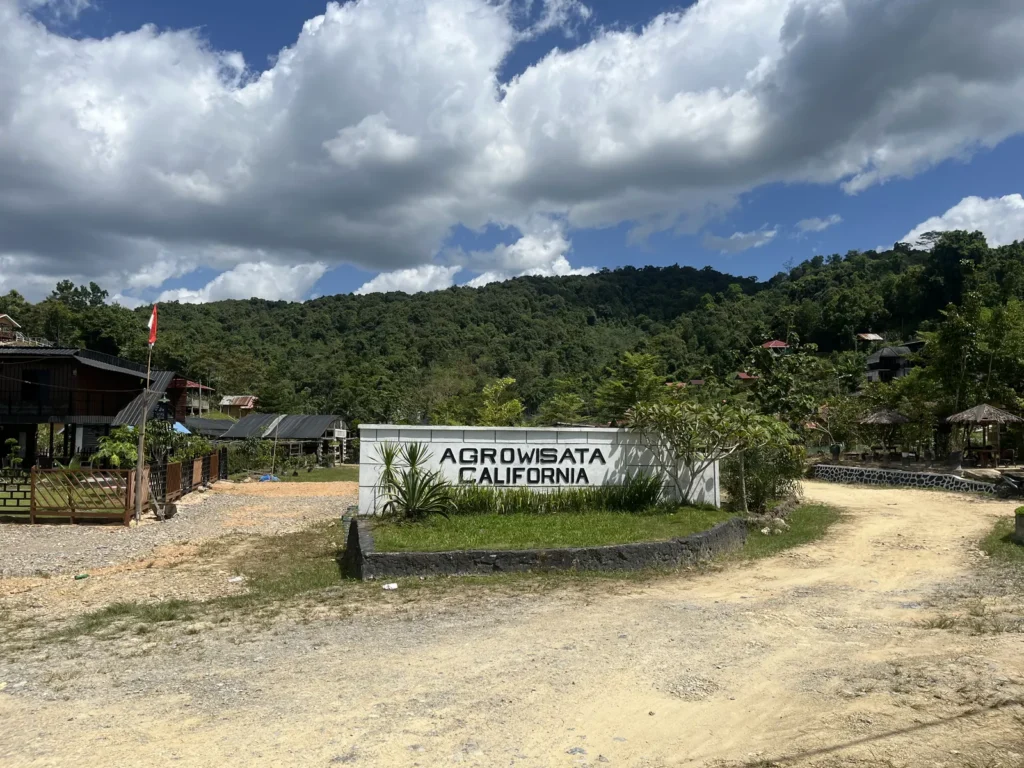 Gerbang papan nama Agrowisata California di Konda, Konawe Selatan, dengan latar perbukitan hijau